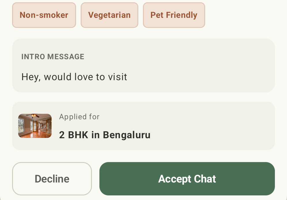 An interest request in the Hestia app, with Decline and Accept Chat buttons