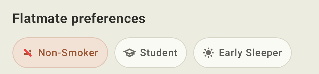 Flatmate preferences in the Hestia app: Non-Smoker, Student, Early Sleeper
